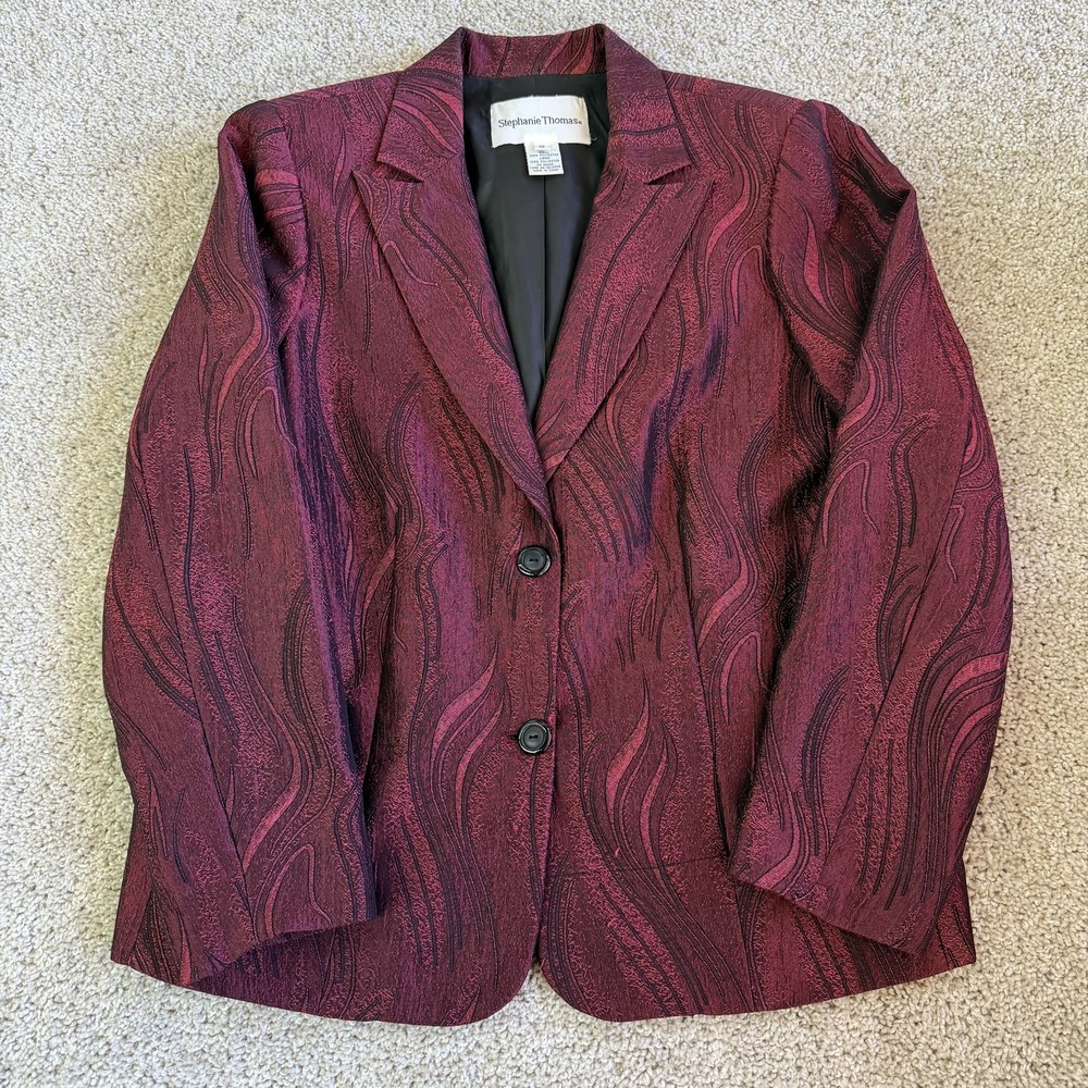 Stephanie Thomas Blazer Jacket Womens 12 Red Jacquard Lined Career Workwear